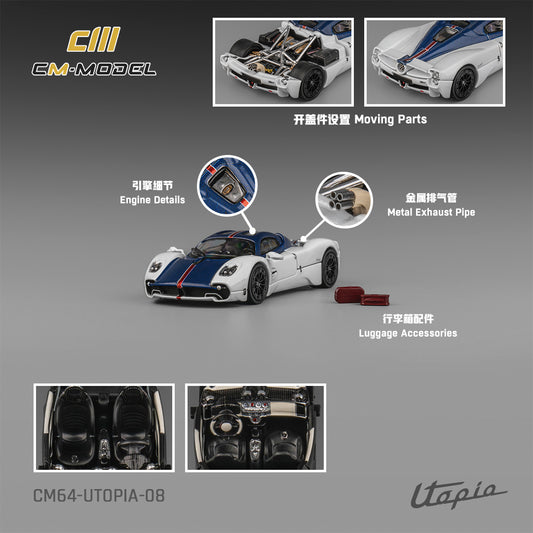 (PRE-ORDER) CM MODEL 1:64 Pagani Utopia Bianco Benny with Blu Francia Carbon & Rosso Monza Stripe CM64-Utopia-08