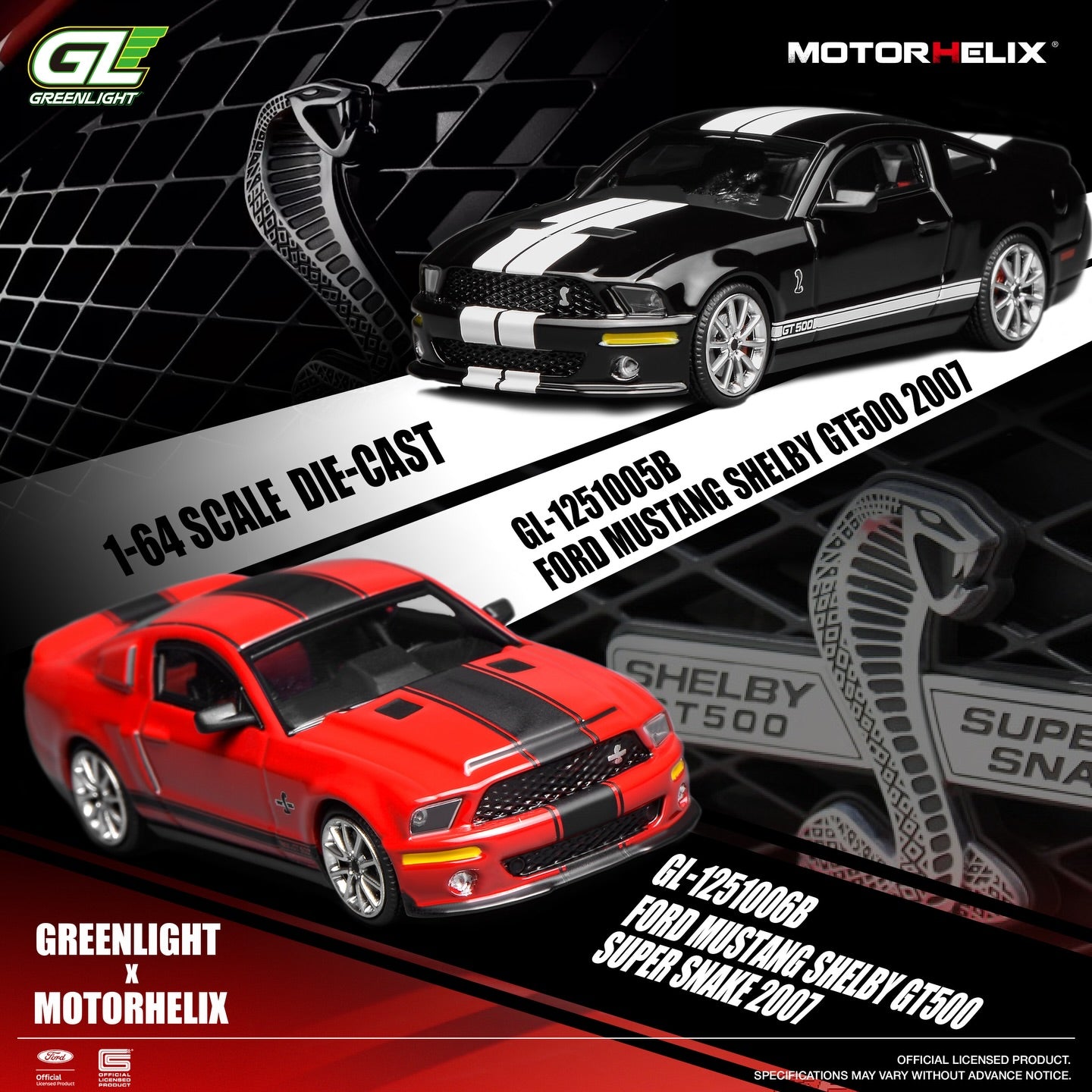 (PRE-ORDER) Motorhelix x Greenlight 1:64 Ford Mustang Shelby GT500 2007 BLACK with White Stripe GL-1251005B