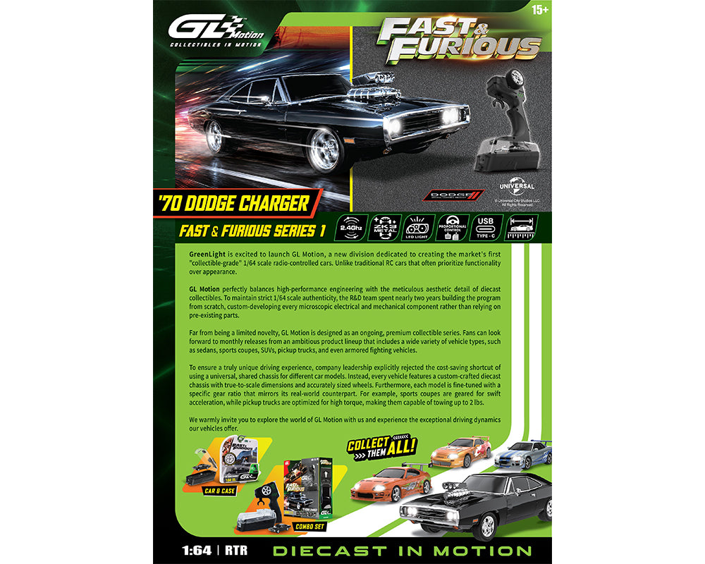(PRE-ORDER) Greenlight Motion 1:64 RC The Fast & The Furious 1970 Dodge Charger “Dom’s Charger” Combo Set