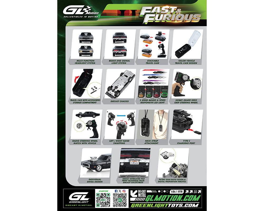 (PRE-ORDER) Greenlight Motion 1:64 RC The Fast & The Furious 1970 Dodge Charger “Dom’s Charger” Combo Set