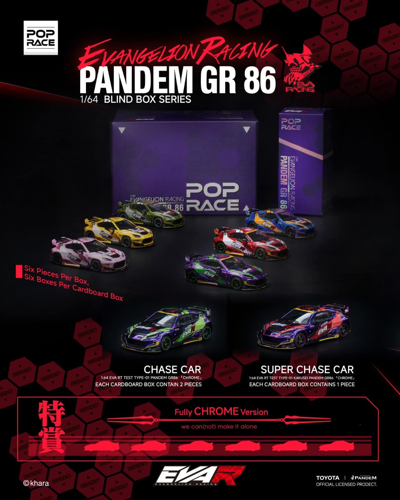 (PRE-ORDER) POPRACE X EVANGELION RACING 1:64 PANDEM GR 86 BLIND BOX SERIES Complete Set of 6 cars in one carton