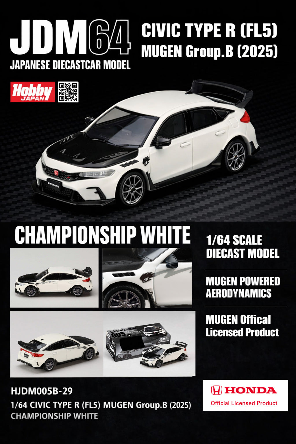 (PRE-ORDER) HOBBY JAPAN JDM64 1:64 CIVIC TYPE R (FL5) MUGEN Group.B (2025) - CHAMPIONSHIP WHITE HJDM005B-29