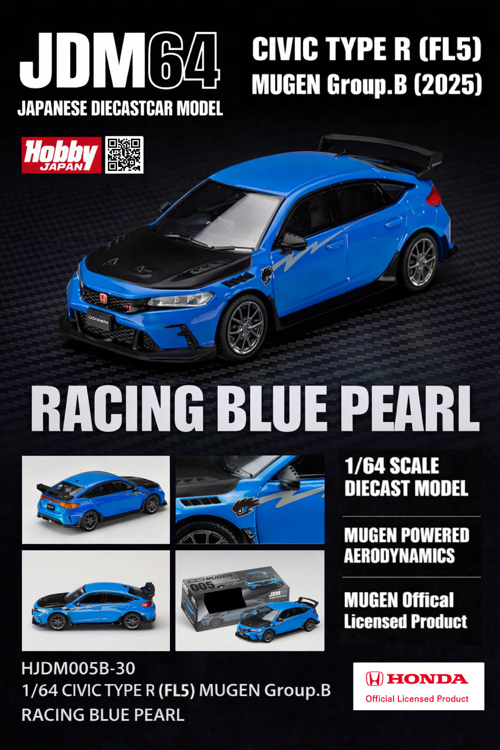(PRE-ORDER) HOBBY JAPAN JDM64 1:64 CIVIC TYPE R (FL5) MUGEN Group.B (2025) - RACING BLUE PEARL HJDM005B-30
