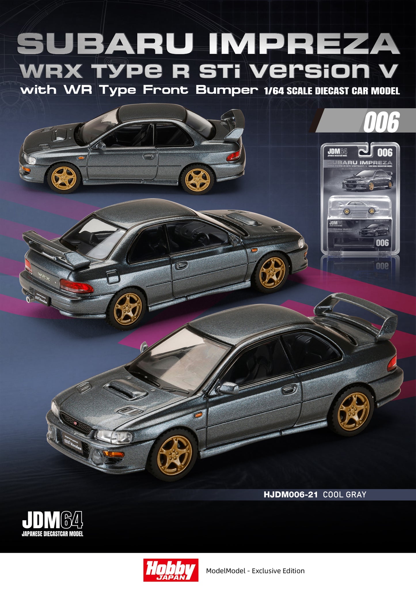 (PRE-ORDER) HOBBY JAPAN JDM64 1:64 Subaru Impreza WRX type R Sti Version with WR Type Front Bumper - COOL GREY HJDM006-21
