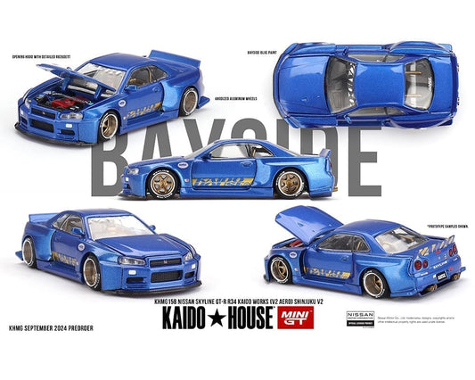 (PRE-ORDER) Kaido House x Mini GT 1:64 Nissan Skyline GT-R (R34) Kaido Works (V2 Aero) SHINJUKU V2- Blue *Chance of a Chase*