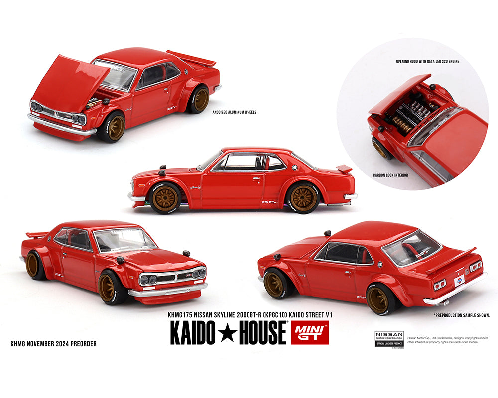(PRE-ORDER) Kaido House x Mini GT 1:64 Nissan Skyline 2000GT-R (KPGC10) Kaido Street V1- Red *Chance of a Chase*