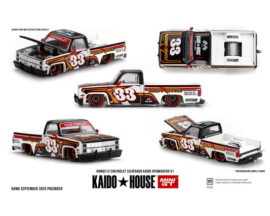 (PRE-ORDER) Kaido House x Mini GT Chevrolet Silverado KAIDO Intimidator V1 – White w/ Brown Two-tone