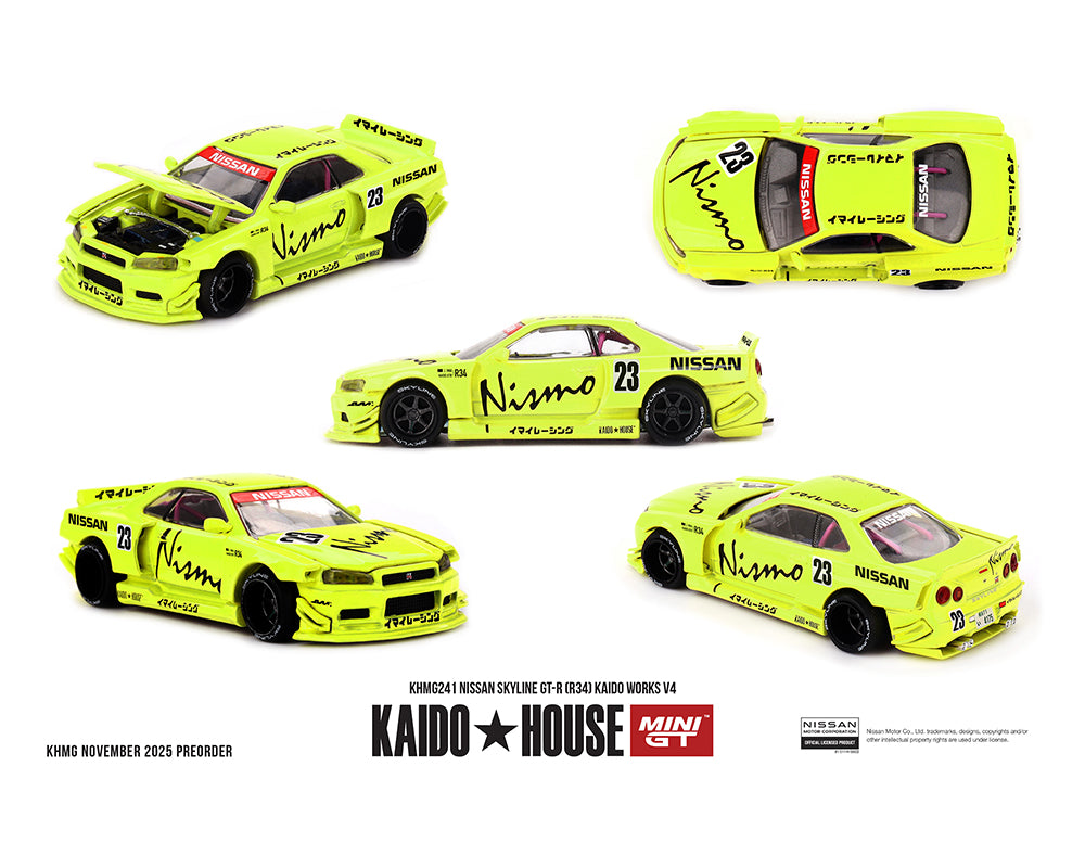 (PRE-ORDER) Kaido House x Mini GT Nissan Skyline GT-R (R34) Kaido Works V4 – Yellow *Chance of a Chase*