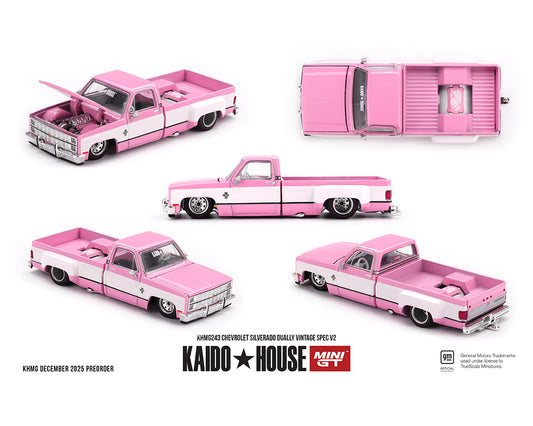 (PRE-ORDER) Kaido House x Mini GT Chevrolet Silverado Dually Vintage Spec V2 – Pink with White *Chance of a Chase*