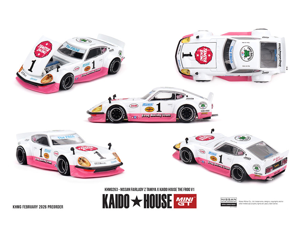 (PRE-ORDER) Kaido House x Mini GT 1:64 Nissan Fairlady Z Tamiya x Kaido House The Frog V1 – White/Pink *Chance of a Chase*