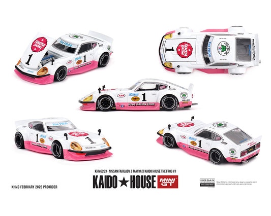 (PRE-ORDER) Kaido House x Mini GT 1:64 Nissan Fairlady Z Tamiya x Kaido House The Frog V1 – White/Pink *Chance of a Chase*