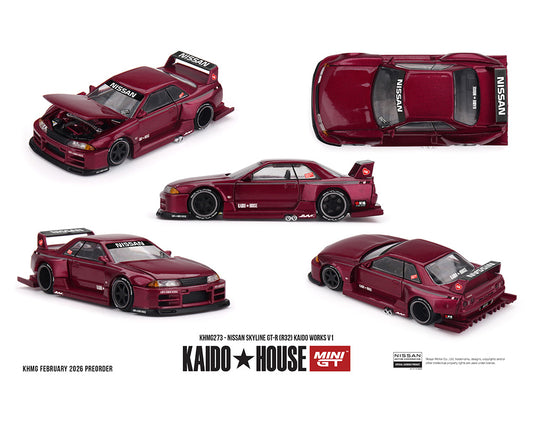 (PRE-ORDER) Kaido House x Mini GT 1:64 Nissan Skyline GT-R (R32) Kaido Works V1 – Burgundy Red *Chance of a Chase*