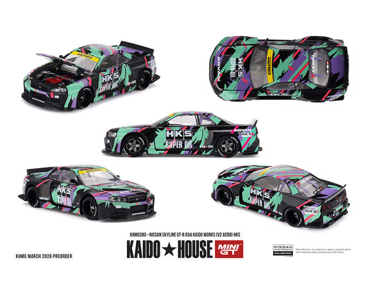 (PRE-ORDER) Kaido House x Mini GT 1:64 Nissan Skyline GT-R R34 Kaido Works (V2 Aero) HKS – Limited Edition