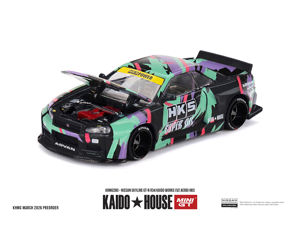 (PRE-ORDER) Kaido House x Mini GT 1:64 Nissan Skyline GT-R R34 Kaido Works (V2 Aero) HKS – Limited Edition