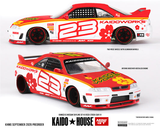 (PRE-ORDER) Kaido House x Mini GT Nissan Skyline GT-R (R33) Kaido Stock Car V1 – White w/ Red Two-tone KHMG313 Sealed Box *Chance of a Chase*