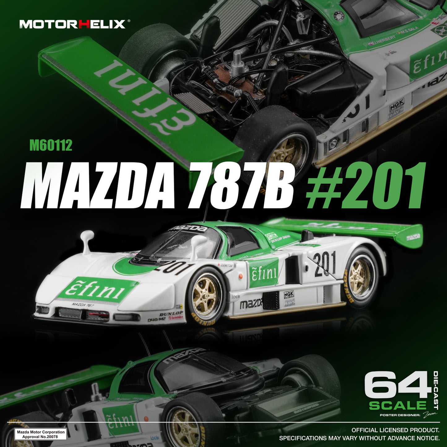 (PRE-ORDER) Motorhelix 1:64 Mazda 787B #201 Green/White M60112