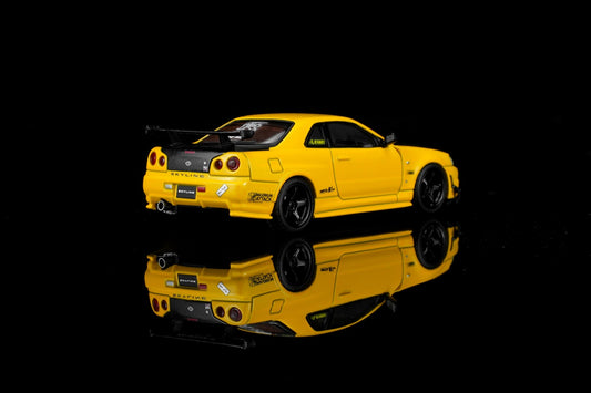 (PRE-ORDER) Motorhelix 1:64 Nissan Skyline GT-R (R34) Custom Edition - Lightning Yellow Custom with GT Aero Kit M63475