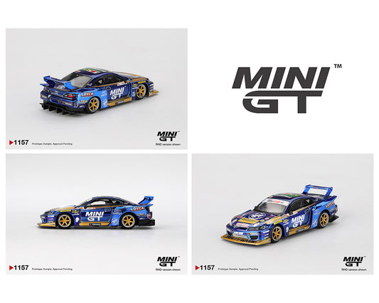 (PRE-ORDER) Mini GT 1:64 Nissan LB-Super Silhouette S15 SILVIA #555 Team MINI GT Liberty Walk 2025 Formula Drift – Chrome Blue