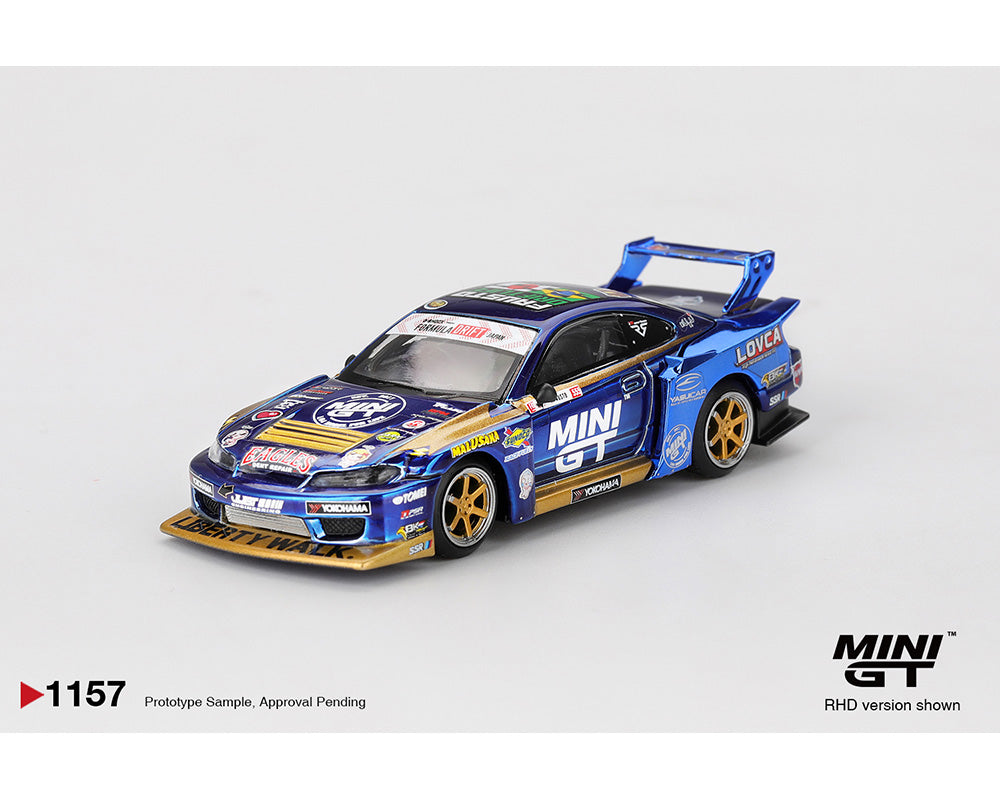 (PRE-ORDER) Mini GT 1:64 Nissan LB-Super Silhouette S15 SILVIA #555 Team MINI GT Liberty Walk 2025 Formula Drift – Chrome Blue