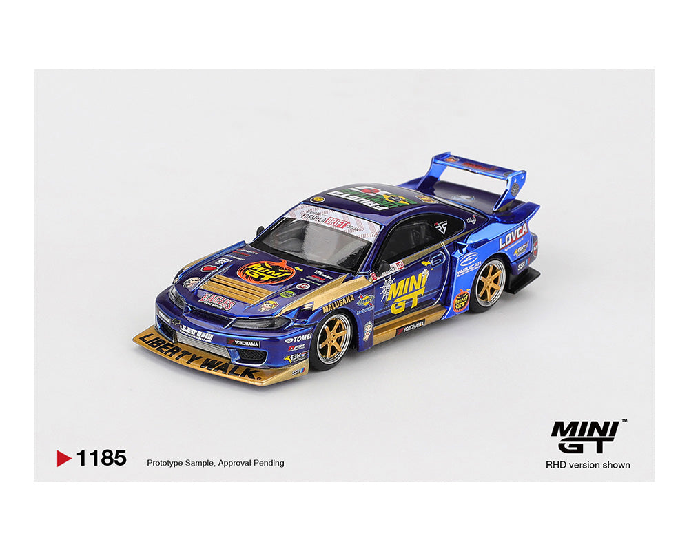 (PRE-ORDER) Mini GT 1:64 Nissan LB-Super Silhouette S15 SILVIA #555 Team MINI GT Liberty Walk 2025 Formula Drift Halloween Special – Chrome Blue