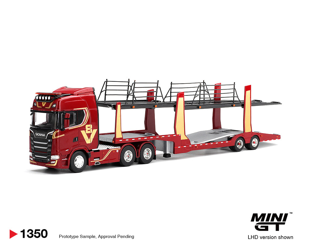 (PRE-ORDER) Mini GT 1:64 Scania 770S A6x4NA Car Transporter V8 50th anniversary + Car transporter – Red – Limited Edition MGT01350-L
