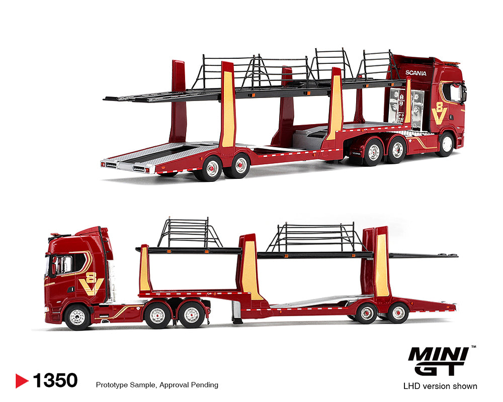 (PRE-ORDER) Mini GT 1:64 Scania 770S A6x4NA Car Transporter V8 50th anniversary + Car transporter – Red – Limited Edition MGT01350-L