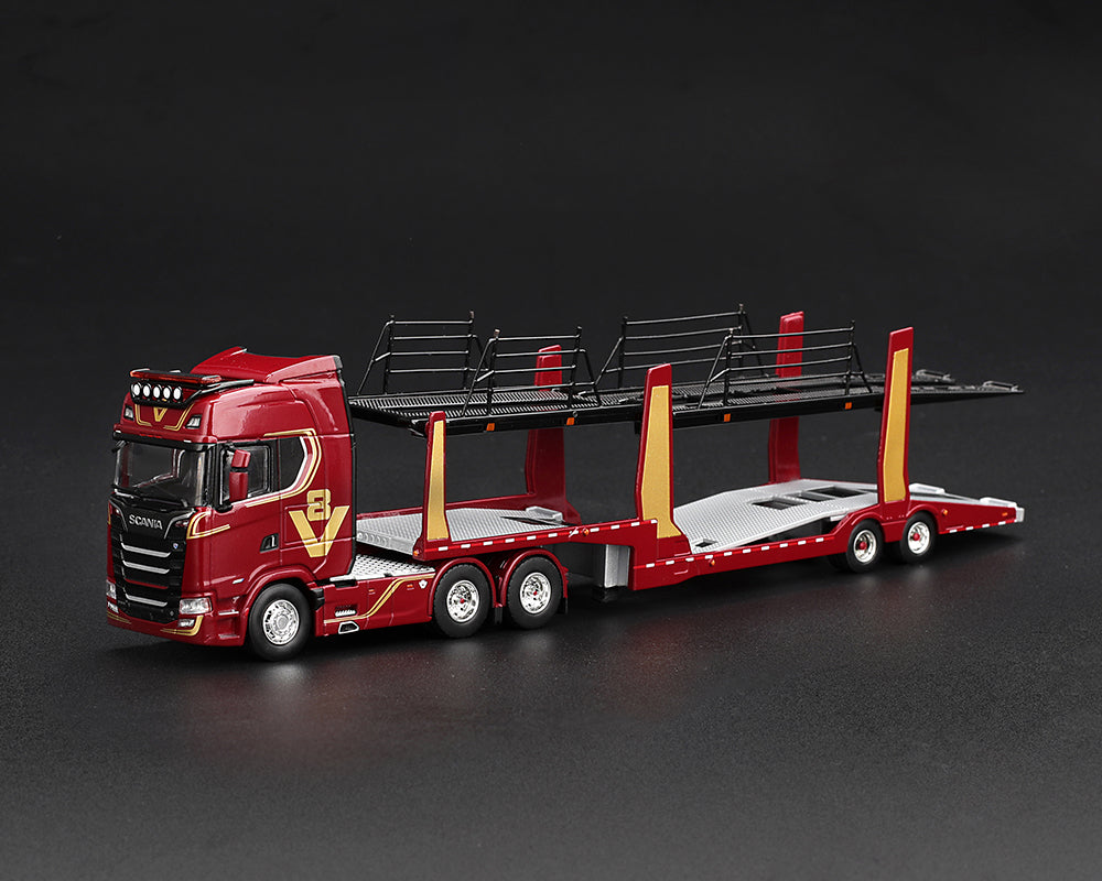 (PRE-ORDER) Mini GT 1:64 Scania 770S A6x4NA Car Transporter V8 50th anniversary + Car transporter – Red – Limited Edition MGT01350-L