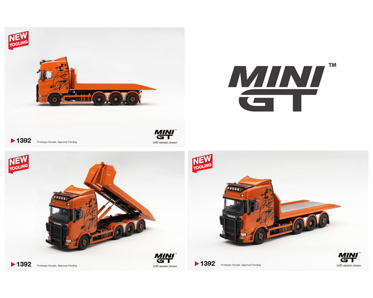(PRE-ORDER) Mini GT 1:64 Scania 770S B8x4NA Hooklift Flatbed Orange- Limited Edition MGT01392-L