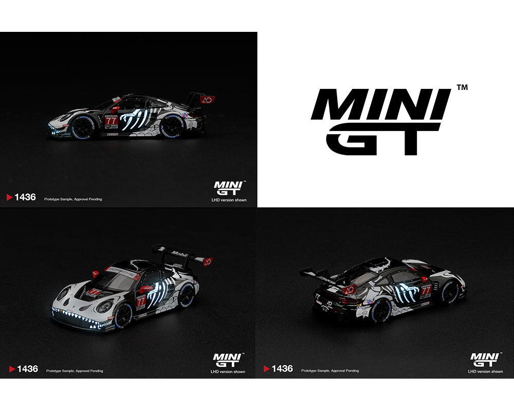 (PRE-ORDER) Mini GT - Porsche 911 GT3 R (992) #77 AO Racing “Skeleton Rexy” 2026 IMSA Petit Le Mans – (Glow in the Dark) – Limited Edition MGT01436-BL