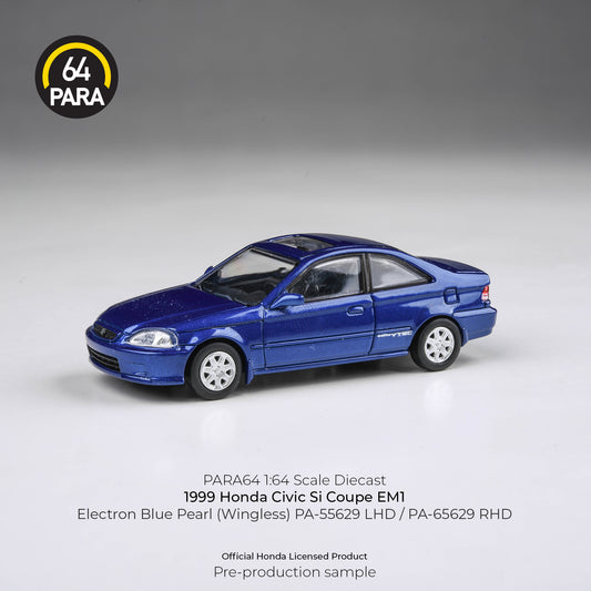 (PRE-ORDER) PARA64 1:64 1999 Honda Civic EM1 Electron Blue Pearl LHD (wingless) PA-55629