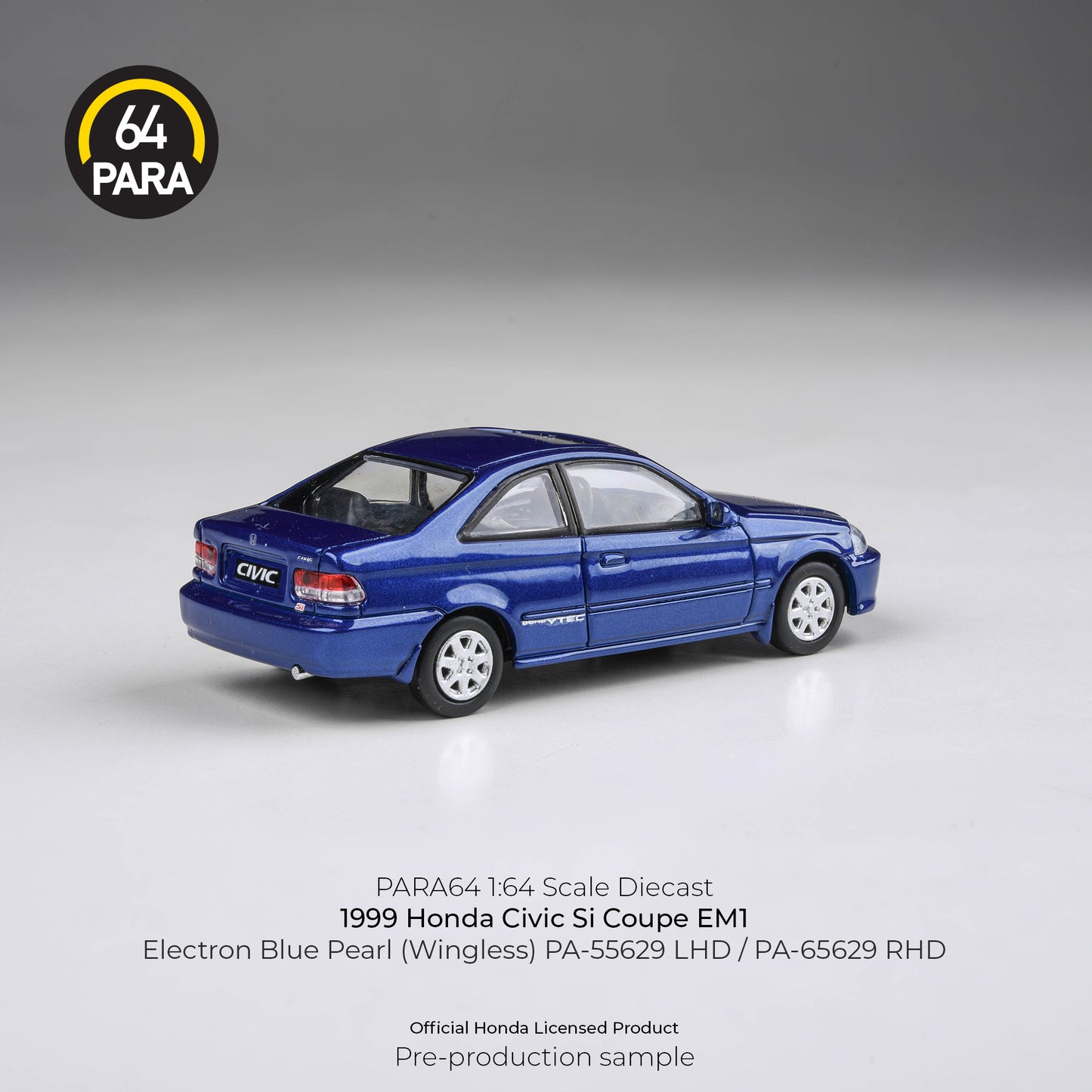 (PRE-ORDER) PARA64 1:64 1999 Honda Civic EM1 Electron Blue Pearl LHD (wingless) PA-55629