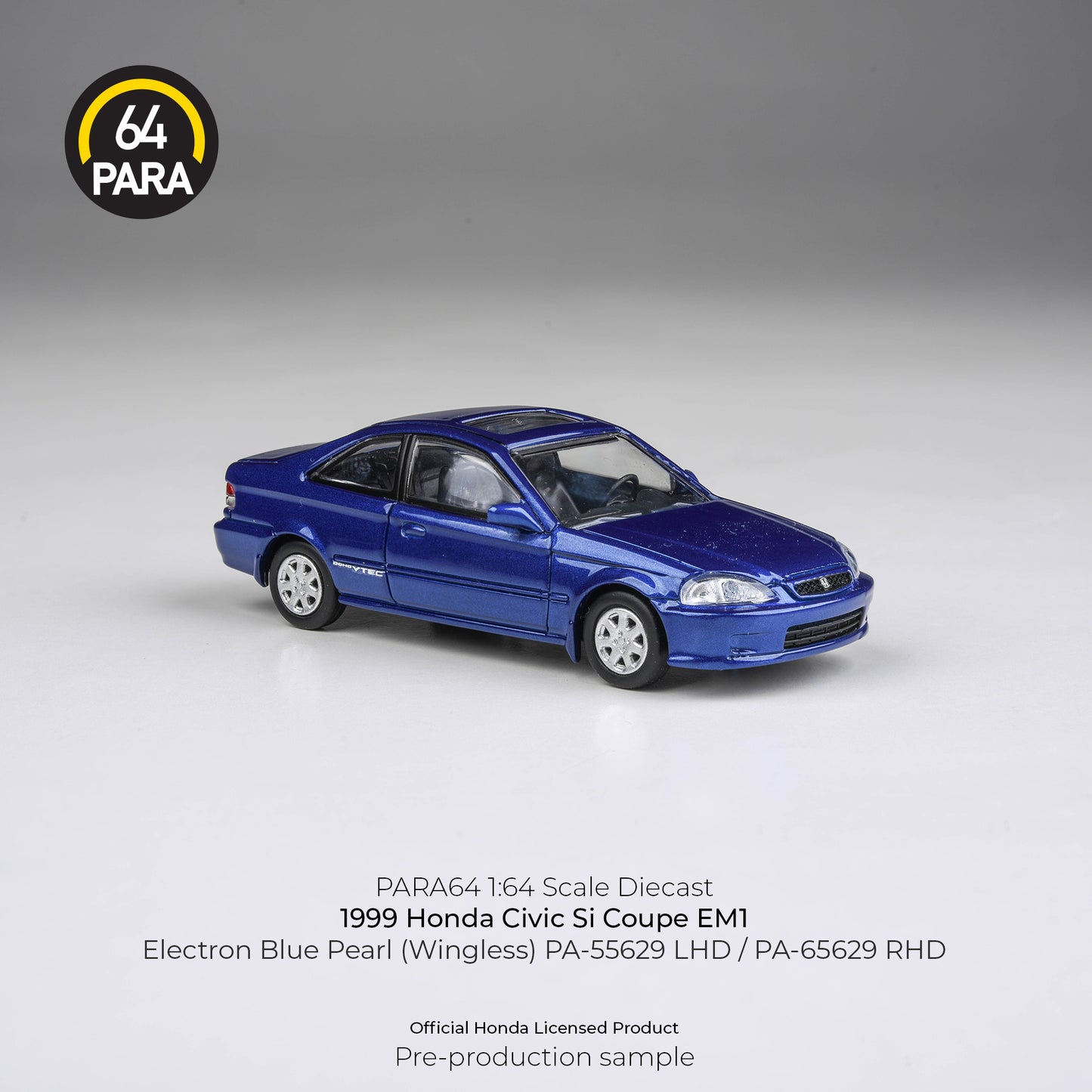 (PRE-ORDER) PARA64 1:64 1999 Honda Civic EM1 Electron Blue Pearl LHD (wingless) PA-55629