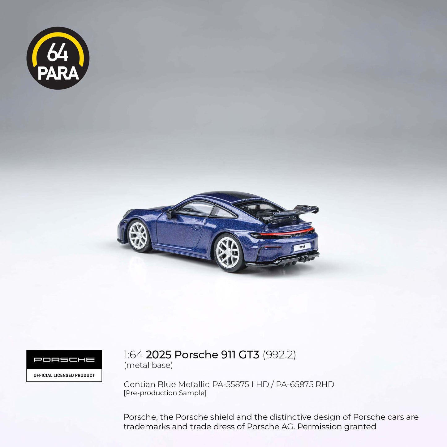 (PRE-ORDER) PARA64 1:64 Porsche 911 GT3 (992.2) Gentian Blue Metallic LHD PA-55875