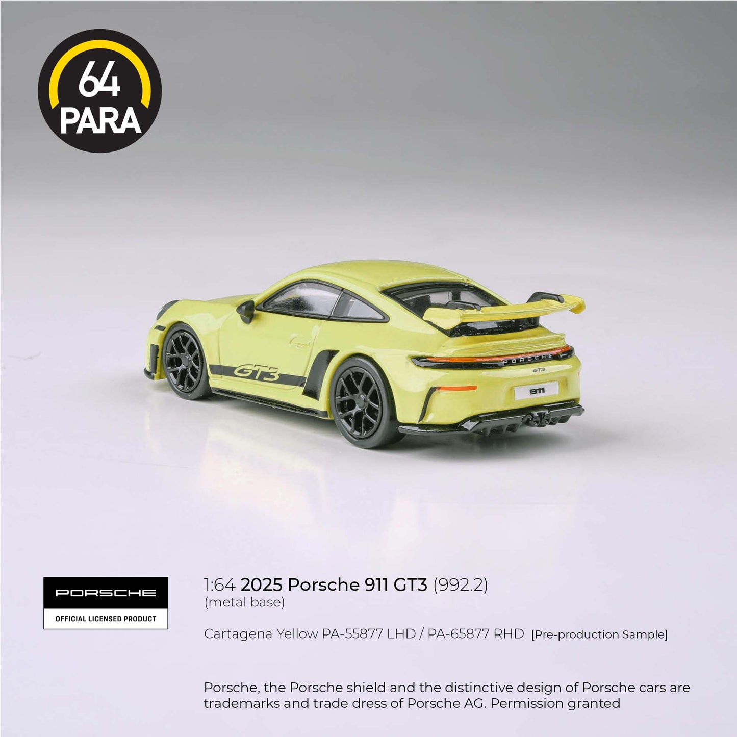 (PRE-ORDER) PARA64 1:64 2025 Porsche 911 GT3 (992.2) Cartagena Yellow LHD