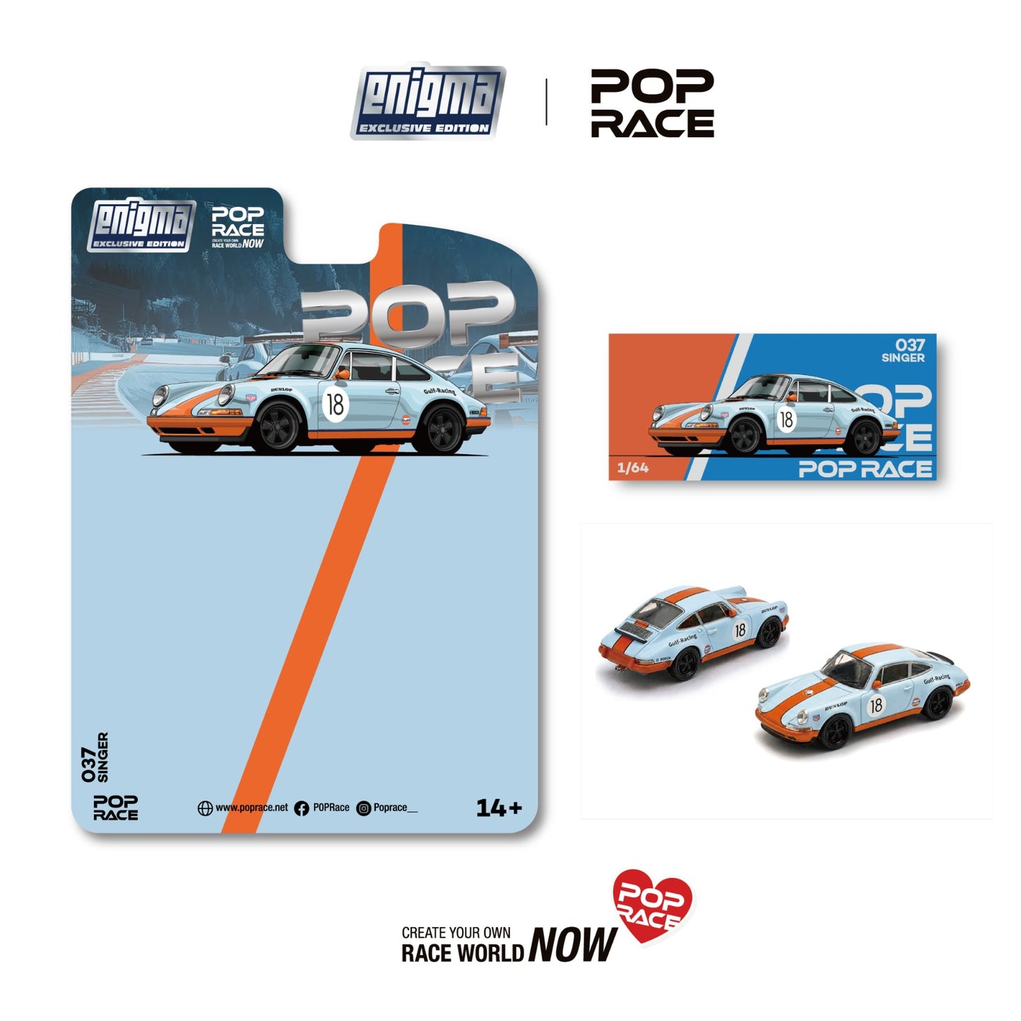 (PRE-ORDER) POPRACE 1:64 SINGER RACING ORANGE/BLUE #18 PRE037 (enigma exclusive edition)