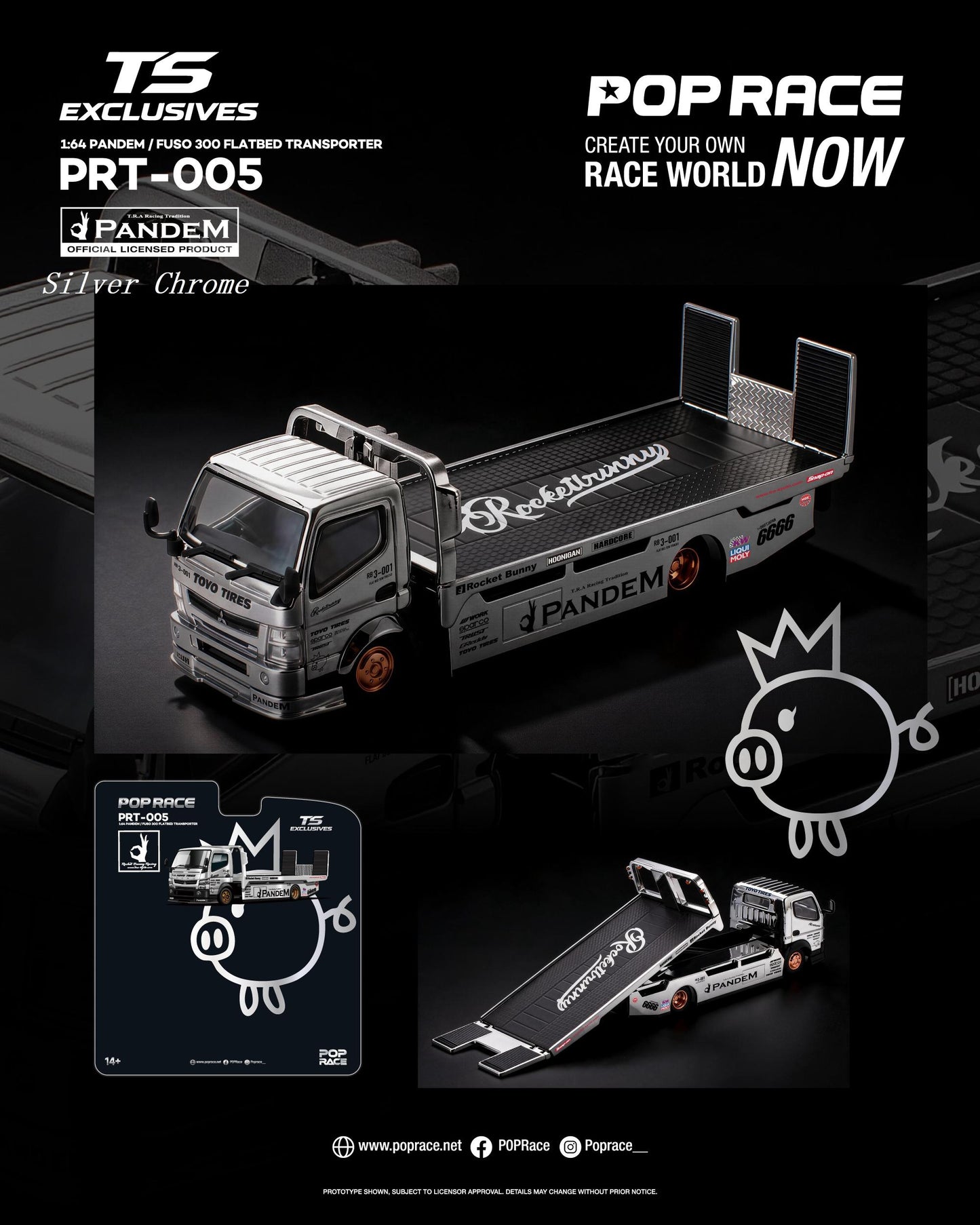 (PRE-ORDER) POPRACE x TS Exclusives 1:64 PANDEM FUSO 300 FLATBED TRANSPORTER SILVER CHROME PRT005