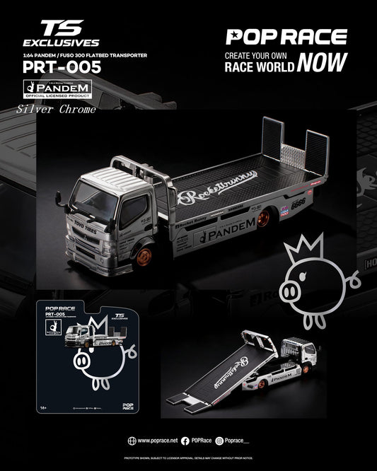 (PRE-ORDER) POPRACE x TS Exclusives 1:64 PANDEM FUSO 300 FLATBED TRANSPORTER SILVER CHROME PRT005