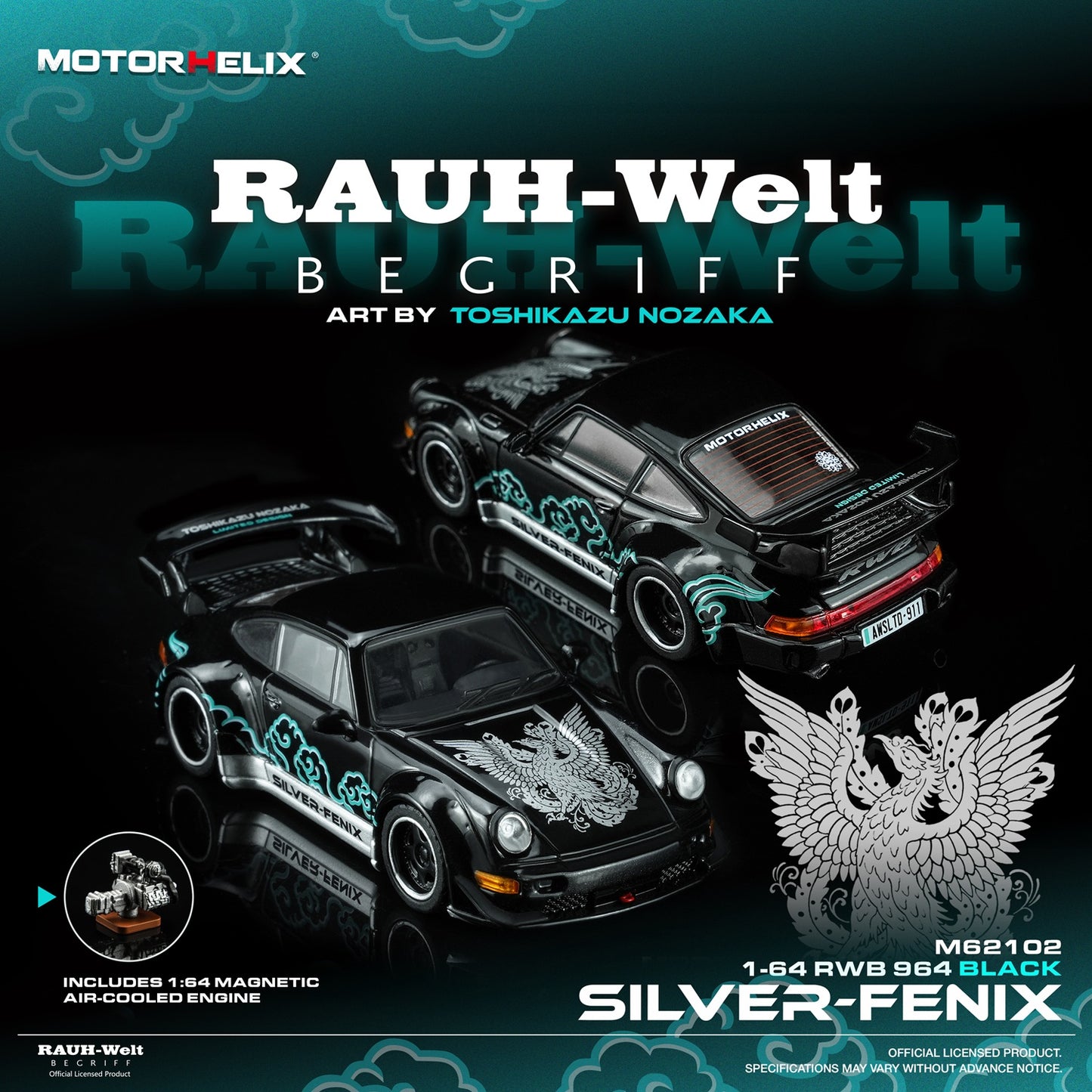 (PRE-ORDER) Motorhelix 1:64 RWB 964 Black SILVER-FENIX with 1:64 magnetic air-cooled engine M62102
