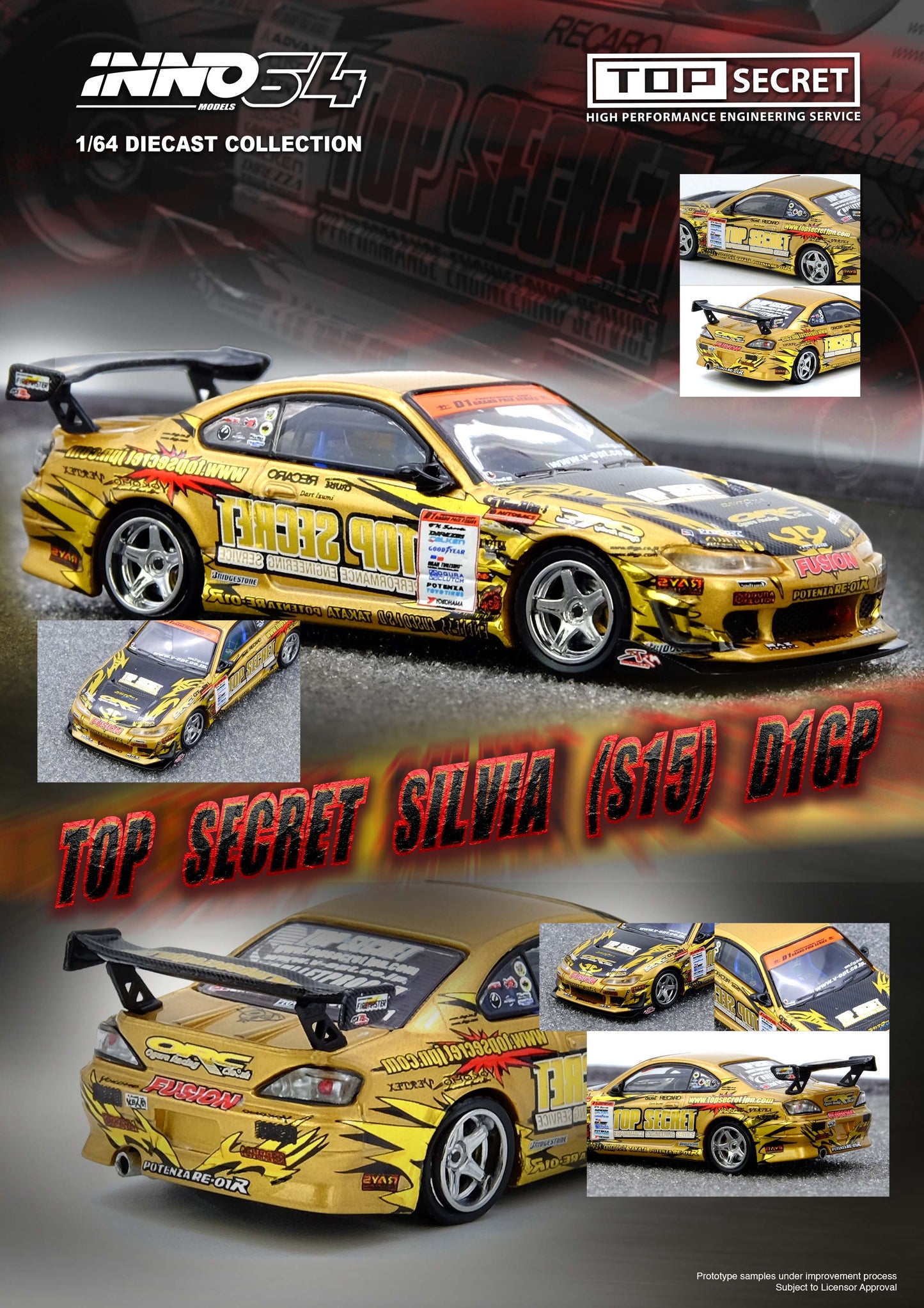 (PRE-ORDER) INNO64 1:64 TOP SECRET Silvia (S15) Gold D1 Grand Prix Series Champion 2004 IN64-S15TS-D104