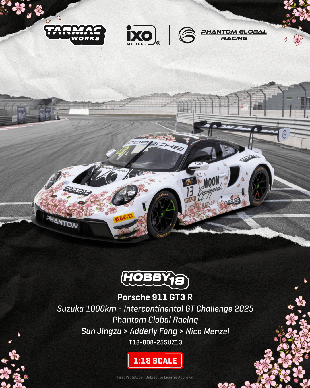 (PRE-ORDER) Tarmac Works HOBBY18 1:18 Porsche 911 GT3 R Suzuka 1000km - Intercontinental GT Challenge 2025 Phantom Global Racing (Display Case) T18-008-25SUZ13
