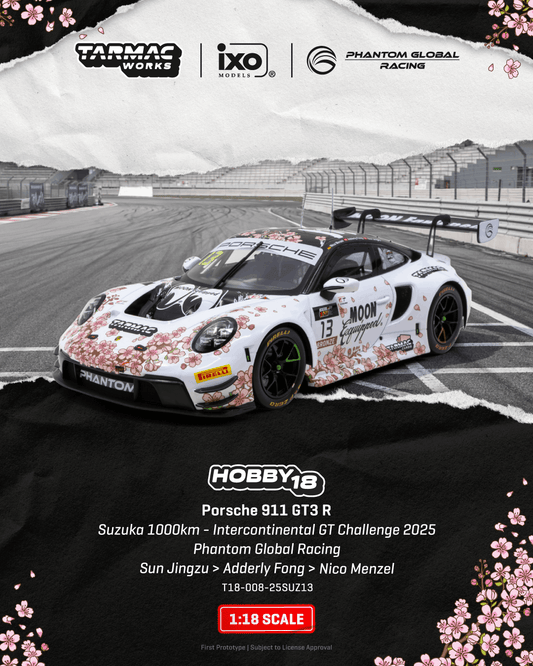 (PRE-ORDER) Tarmac Works HOBBY18 1:18 Porsche 911 GT3 R Suzuka 1000km - Intercontinental GT Challenge 2025 Phantom Global Racing (Display Case) T18-008-25SUZ13