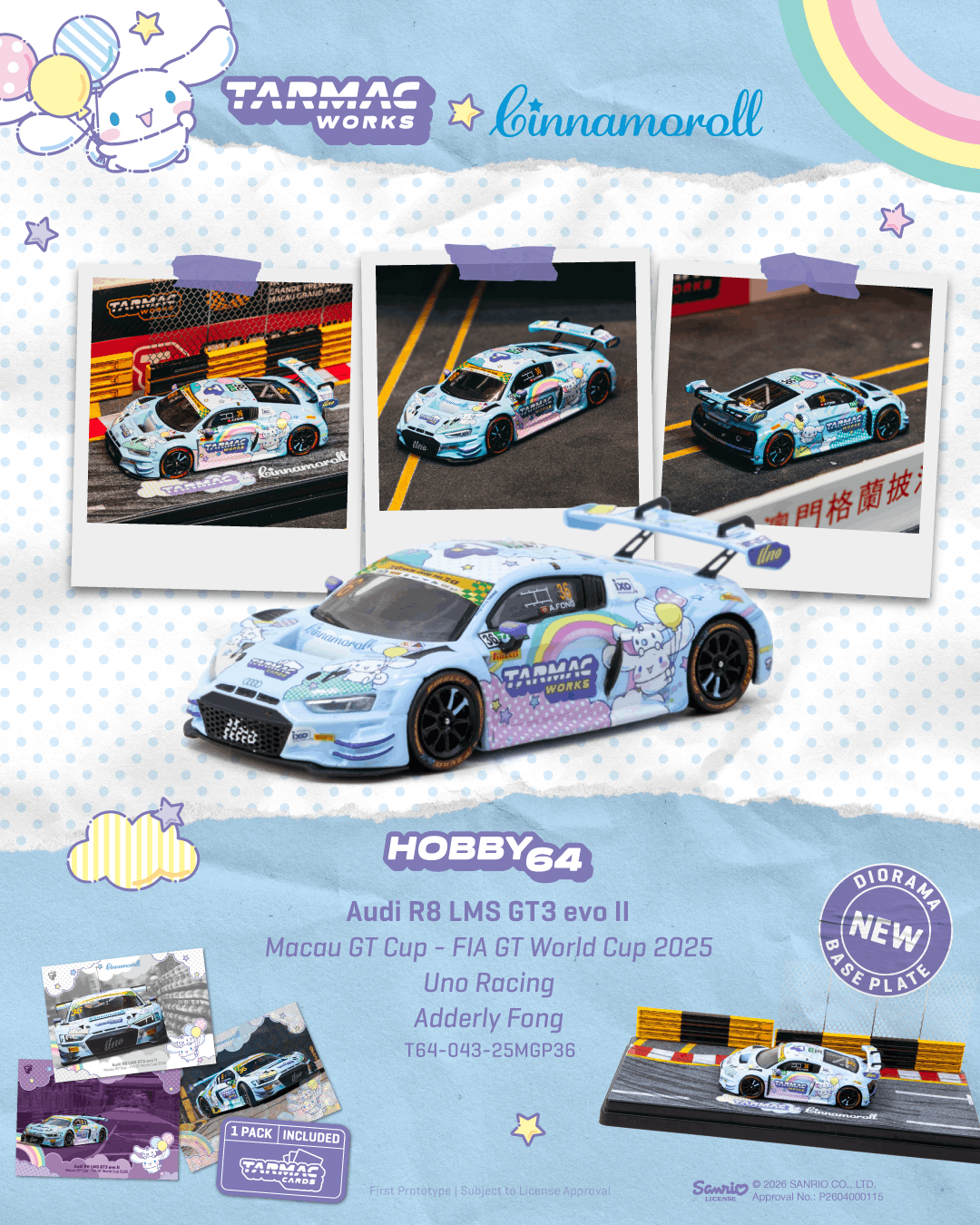 (PRE-ORDER) Tarmac Works HOBBY64 1:64 Audi R8 LMS GT3 evo II Macau GT Cup - FIA GT World Cup 2025 Uno Racing Adderly Fong Model Car + Trading Cards Combo Set T64-043-25MGP36