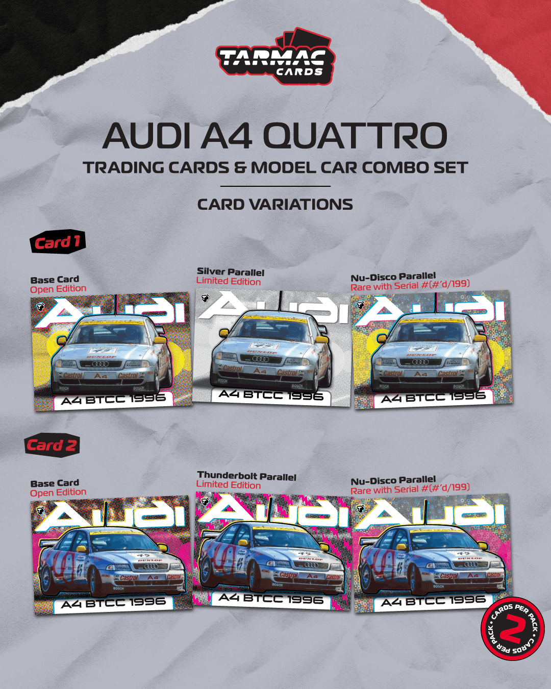 (PRE-ORDER) TARMAC WORKS 1:64 Audi A4 quattro BTCC 1996 Champion Frank Biela Model Car + Trading Cards Combo Set T64-077-96BTC45