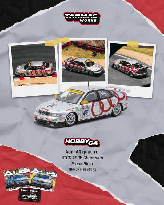 (PRE-ORDER) TARMAC WORKS 1:64 Audi A4 quattro BTCC 1996 Champion Frank Biela Model Car + Trading Cards Combo Set T64-077-96BTC45
