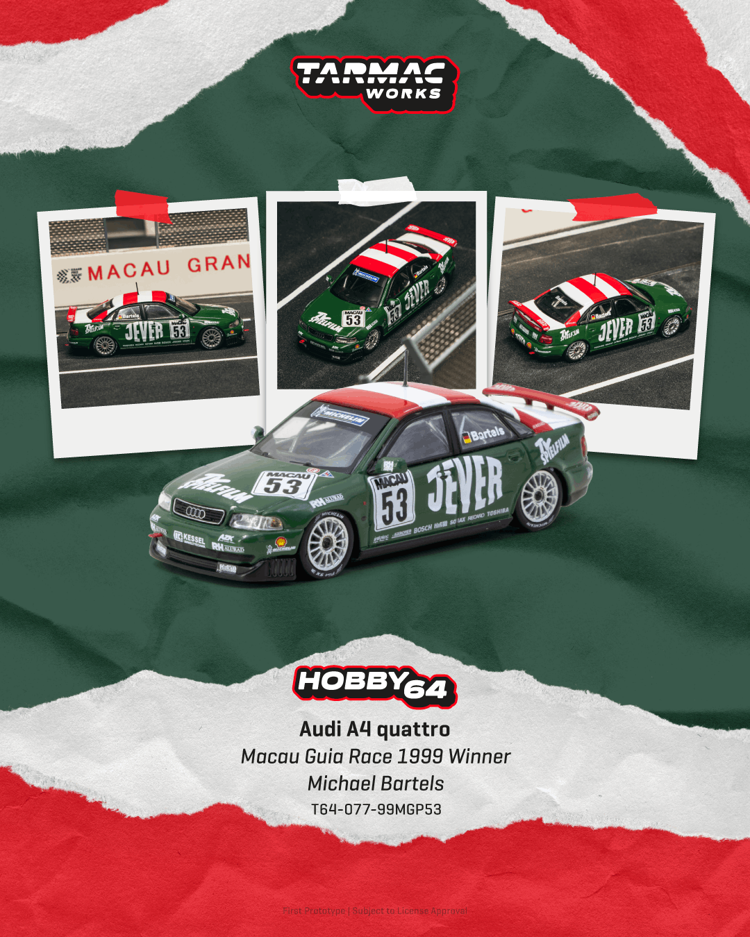 (PRE-ORDER) Tarmac Works HOBBY64 1:64 Audi A4 quattro Macau Guia Race 1999 Winner Michael Bartels T64-077-99MGP53