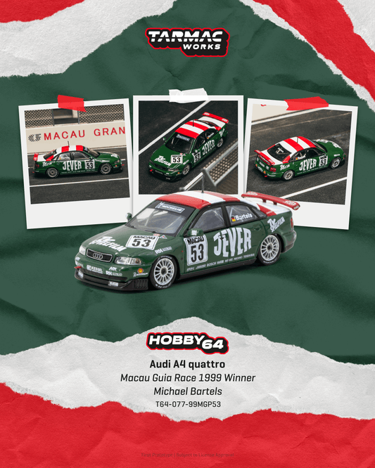 (PRE-ORDER) Tarmac Works HOBBY64 1:64 Audi A4 quattro Macau Guia Race 1999 Winner Michael Bartels T64-077-99MGP53