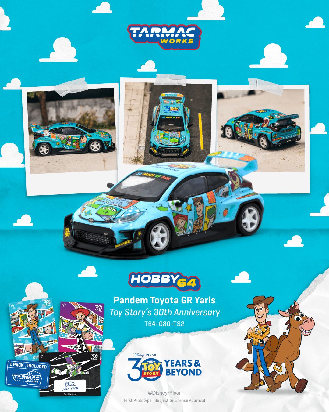(PRE-ORDER) Tarmac Works HOBBY64 1:64 Pandem Toyota GR Yaris Toy Story - 30th Anniversary Model Car + Trading Cards Combo Set T64-080-TS2
