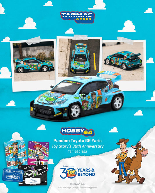 (PRE-ORDER) Tarmac Works HOBBY64 1:64 Pandem Toyota GR Yaris Toy Story - 30th Anniversary Model Car + Trading Cards Combo Set T64-080-TS2
