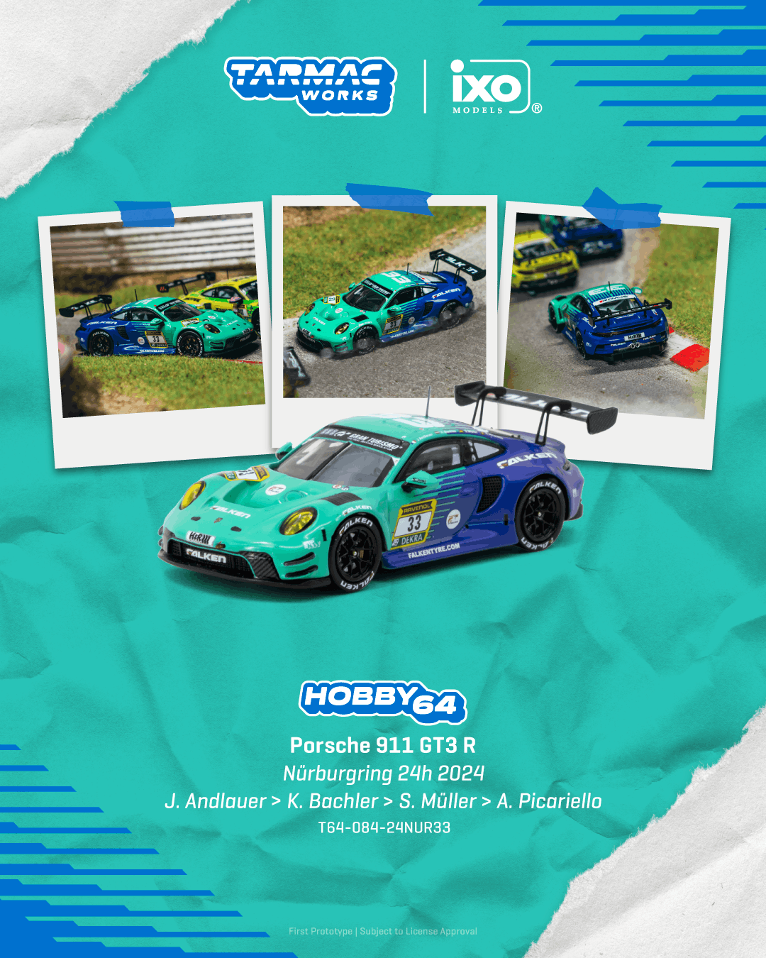 (PRE-ORDER) Tarmac Works HOBBY64 1:64 Porsche 911 GT3 R Nürburgring 24h 2024 T64-084-24NUR33