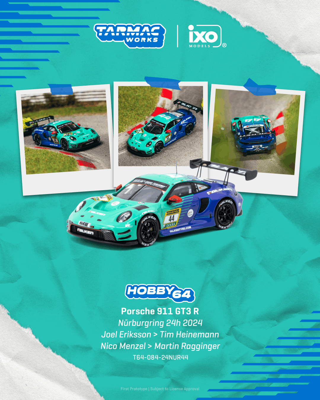 (PRE-ORDER) TARMAC WORKS 1:64 Porsche 911 GT3 R Nürburgring 24h 2024 Joel Eriksson / Tim Heinemann / Nico Menzel / Martin Ragginger T64-084-24NUR44